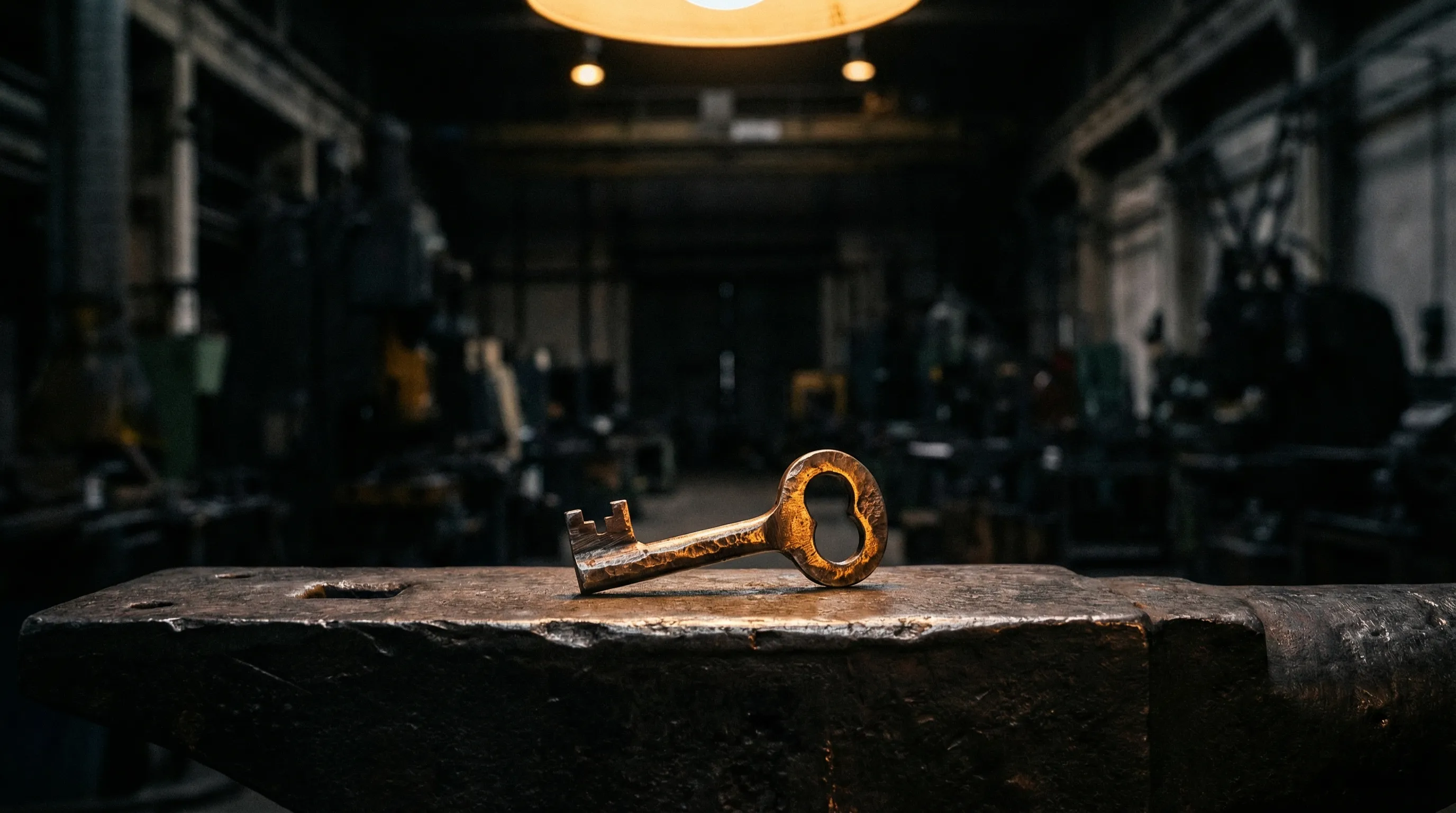 A hand-forged iron key resting on a dark anvil in a dimly lit workshop, warm overhead light casting dramatic shadows