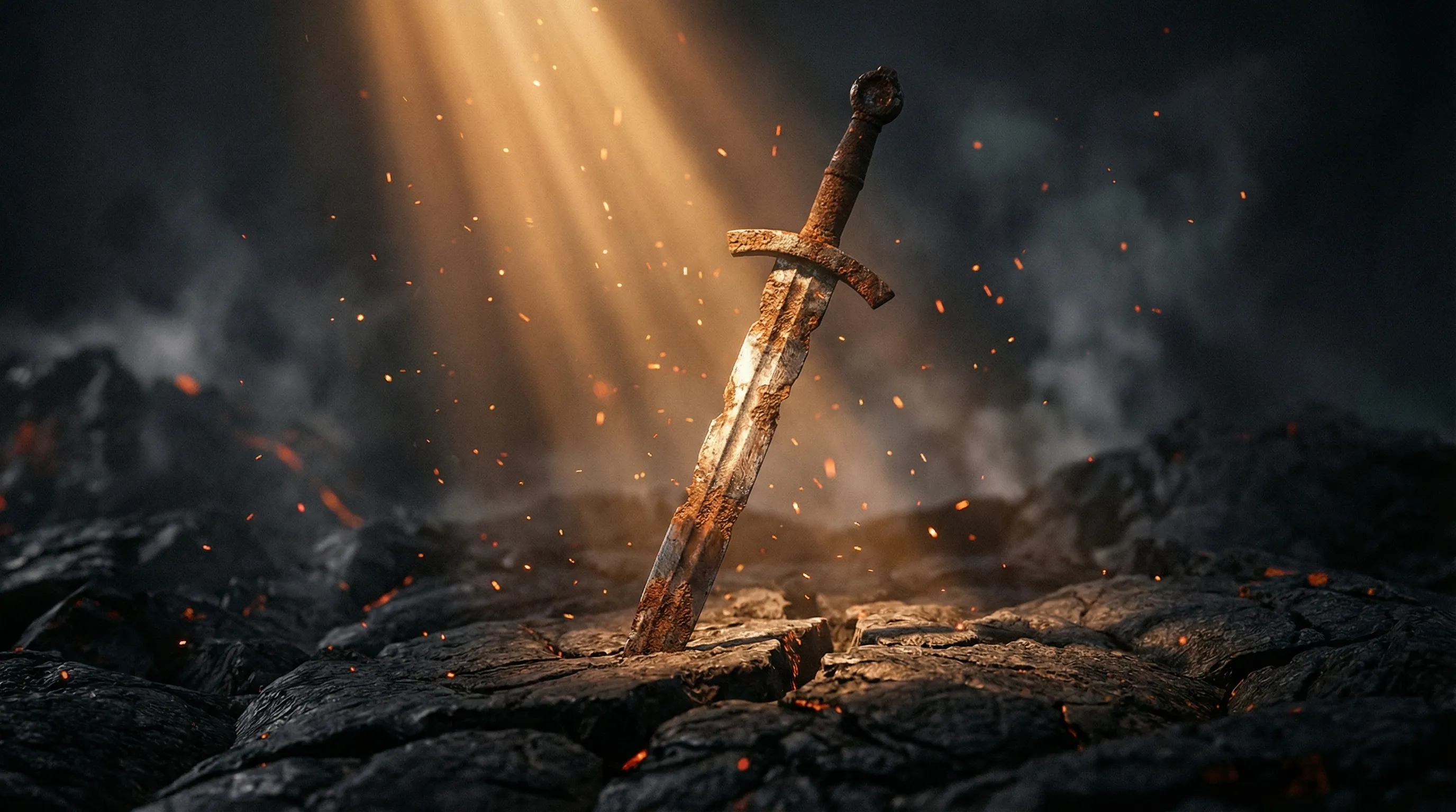 A weathered sword driven into cracked stone, illuminated by dramatic golden light rays with embers floating in dark atmospheric haze